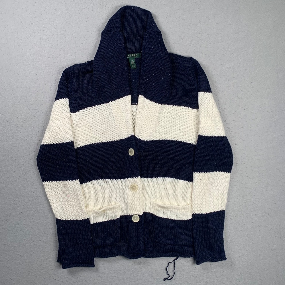Lauren Ralph Lauren Cardigan Sweater Womens Medium Striped Shawl Collar Navy
